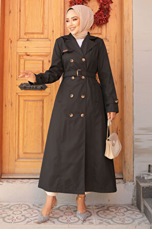 Kemerli Siyah Tesettür Trençkot 61500S