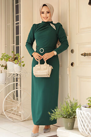 Boncuk Detaylı Zümrüt Yeşili Tesettür Abiye Elbise 30014ZY
