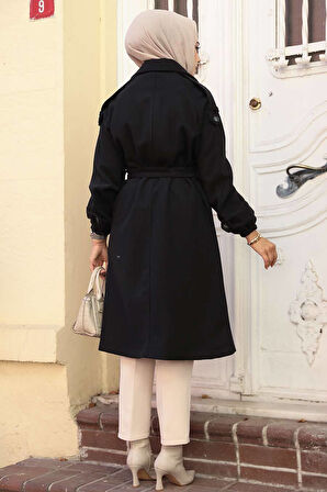 Kemerli Siyah Kaşe Tesettür Kaban 61102S