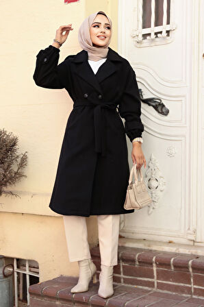 Kemerli Siyah Kaşe Tesettür Kaban 61102S