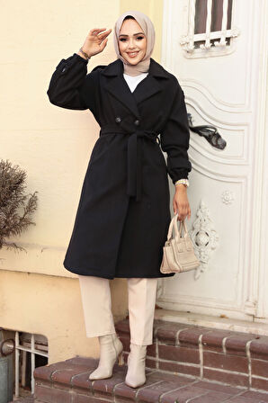 Kemerli Siyah Kaşe Tesettür Kaban 61102S