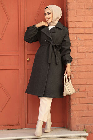 Kemerli Füme Kaşe Tesettür Kaban 61102FU