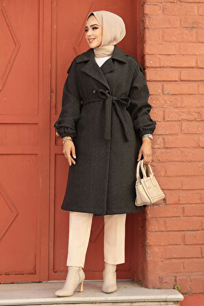 Kemerli Füme Kaşe Tesettür Kaban 61102FU