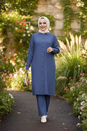 Yakalı İndigo Mavisi Tesettür Triko İkili Takım 34181IM