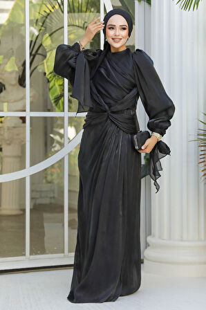 Drape Detaylı Siyah Tesettür Abiye Elbise 47261S