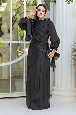 Drape Detaylı Siyah Tesettür Abiye Elbise 47261S