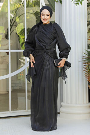 Drape Detaylı Siyah Tesettür Abiye Elbise 47261S