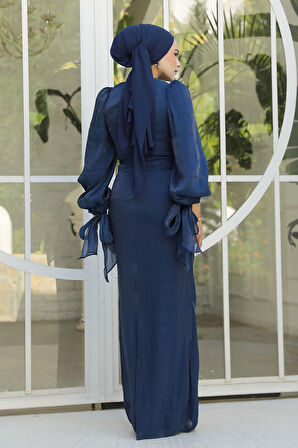 Drape Detaylı Lacivert Tesettür Abiye Elbise 47261L