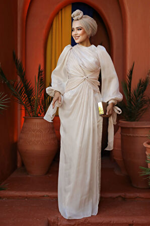 Drape Detaylı Bej Tesettür Abiye Elbise 47261BEJ