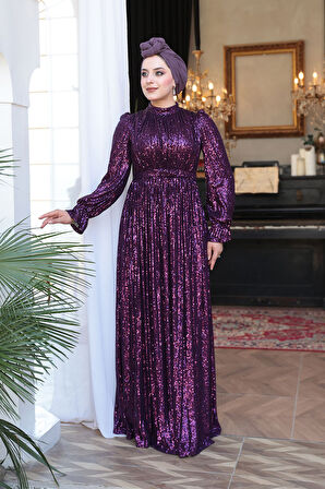Payetli Mor Tesettür Abiye Elbise 44961MOR