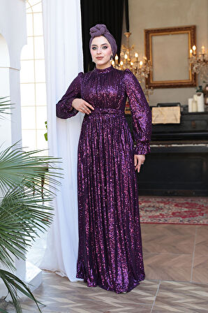 Payetli Mor Tesettür Abiye Elbise 44961MOR