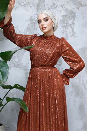 Payetli Koyu Kiremit Tesettür Abiye Elbise 44961KKRMT