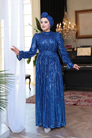 Payetli Sax Mavisi Tesettür Abiye Elbise 44961SX