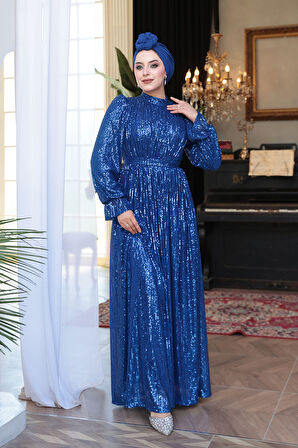 Payetli Sax Mavisi Tesettür Abiye Elbise 44961SX