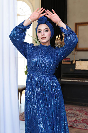 Payetli Sax Mavisi Tesettür Abiye Elbise 44961SX