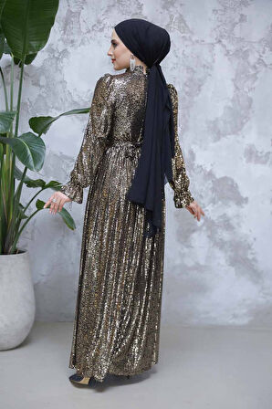 Payetli Gold Tesettür Abiye Elbise 44961GOLD