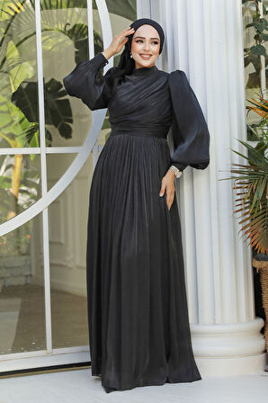 Drape Detaylı Siyah Tesettür Abiye Elbise 44081S