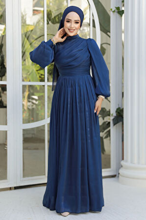 Drape Detaylı Lacivert Tesettür Abiye Elbise 44081L