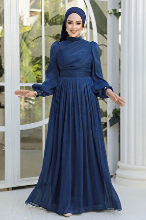 Drape Detaylı Lacivert Tesettür Abiye Elbise 44081L