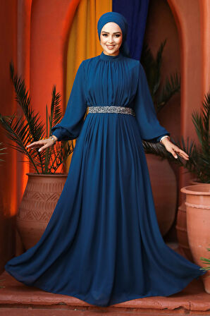 Pileli Petrol Yeşili Tesettür Abiye Elbise 25888PY