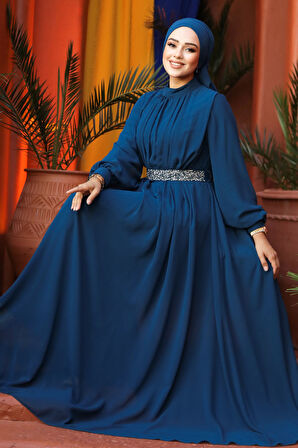 Pileli Petrol Yeşili Tesettür Abiye Elbise 25888PY