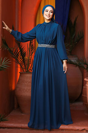 Pileli Petrol Yeşili Tesettür Abiye Elbise 25888PY