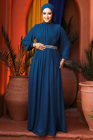 Pileli Petrol Yeşili Tesettür Abiye Elbise 25888PY