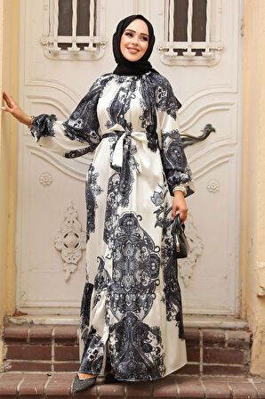 Desenli Siyah Tesettür Elbise 23157S