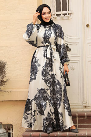 Desenli Siyah Tesettür Elbise 23157S