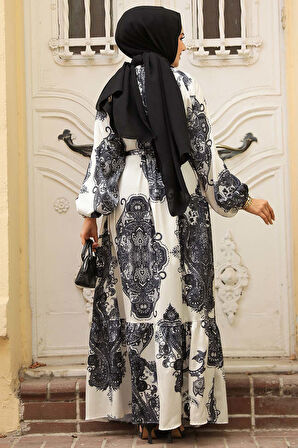 Desenli Siyah Tesettür Elbise 23157S