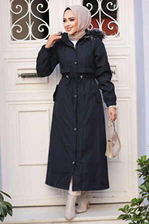Kürklü Lacivert Tesettür Parka 90281L