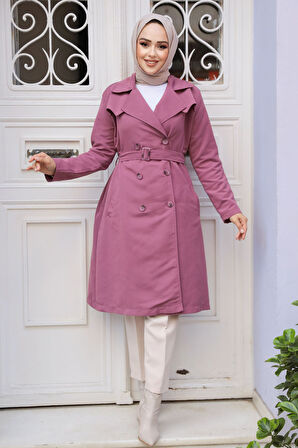 Kemerli Gül Kurusu Tesettür Trençkot 61221GK