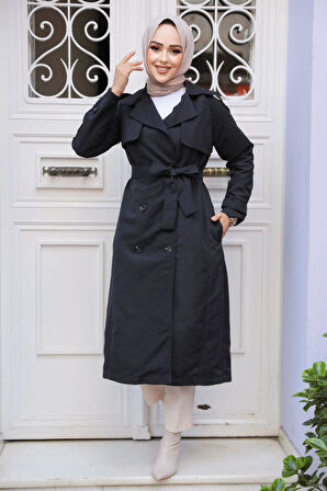 Kemerli Siyah Tesettür Trençkot 61261S