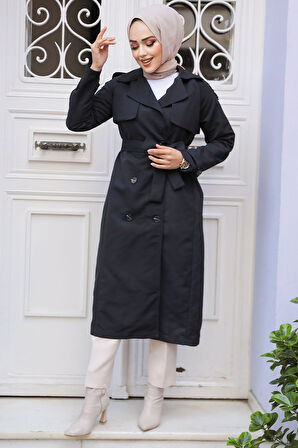 Kemerli Siyah Tesettür Trençkot 61261S