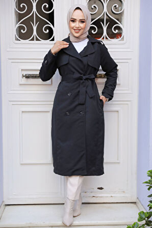 Kemerli Siyah Tesettür Trençkot 61261S