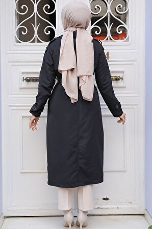 Kemerli Siyah Tesettür Trençkot 61261S