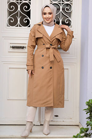 Kemerli Bisküvi Tesettür Trençkot 61261BS