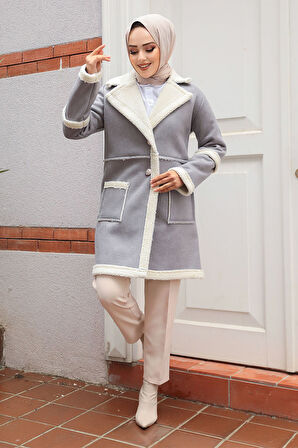 Kürklü Gri Süet Tesettür Kap 61412GR