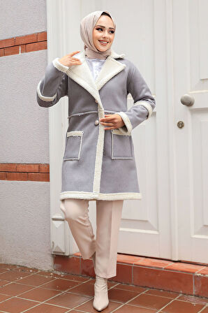 Kürklü Gri Süet Tesettür Kap 61412GR