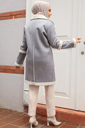 Kürklü Gri Süet Tesettür Kap 61412GR