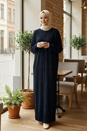Çizgili Siyah Tesettür Triko Elbise 3164S
