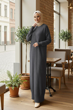 Çizgili Füme Tesettür Triko Elbise 3164FU