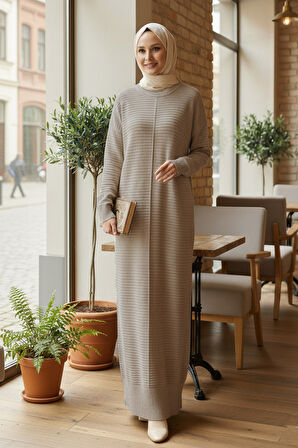 Çizgili Bej Tesettür Triko Elbise 3164BEJ