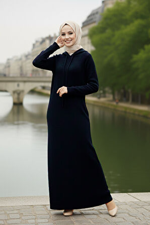 Kapşonlu Siyah Tesettür Triko Elbise 32561S