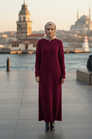 Fitilli Bordo Tesettür Triko Elbise 33672BR