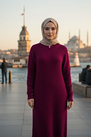 Fitilli Bordo Tesettür Triko Elbise 33672BR