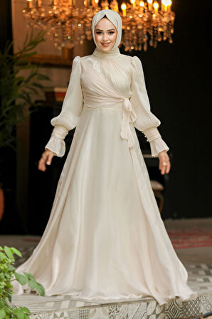 Bağlama Detaylı Krem Tesettür Abiye Elbise 48051KR