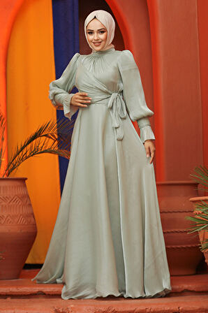 Bağlama Detaylı Mint Tesettür Abiye Elbise 48051MINT