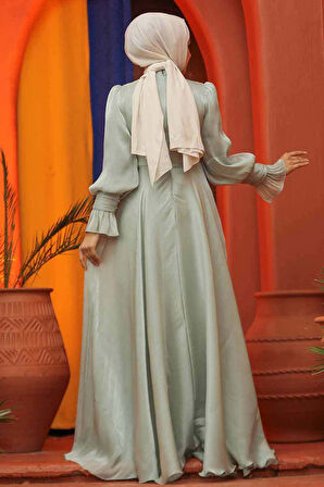 Bağlama Detaylı Mint Tesettür Abiye Elbise 48051MINT