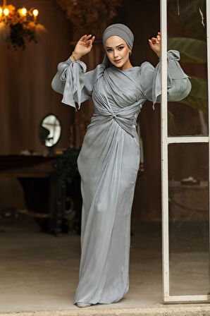 Drape Detaylı Gri Tesettür Abiye Elbise 47261GR